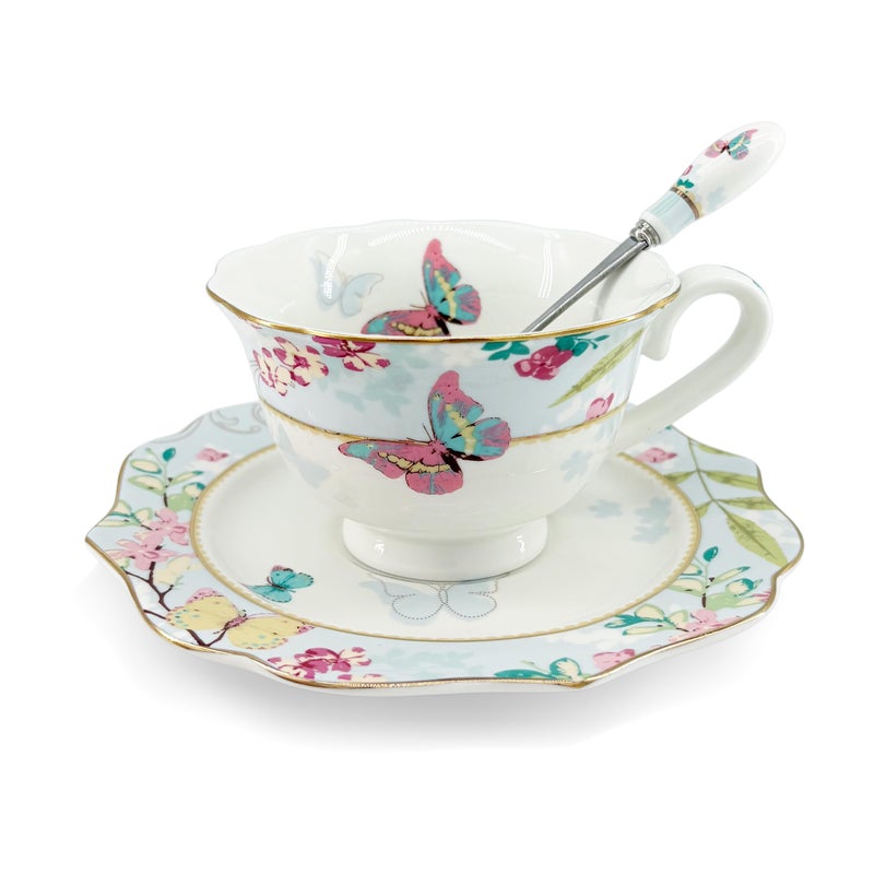 Krysclove Vintage Ceramic Teacup, Elegant Coffee Cup, Royal Bone Tea Cups with Spoon and Saucer Set (Blue) - Image 1